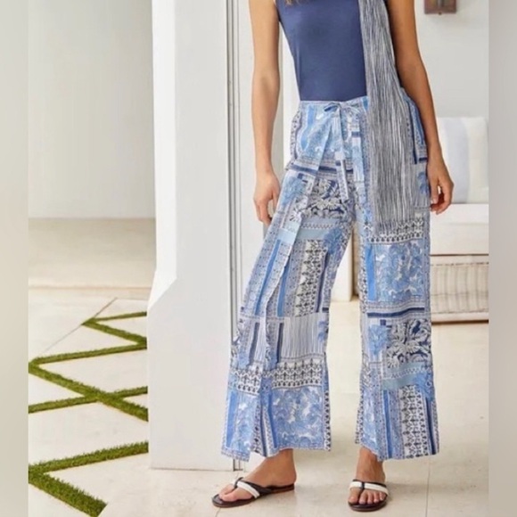 J. McLaughlin White Blue Palm Print Eugene Palazzo Pants M Wide Leg Patchwork - Picture 2 of 14
